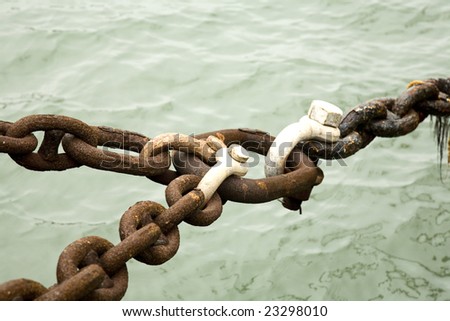 Rusty Chains Locked Together at a Ship Dock