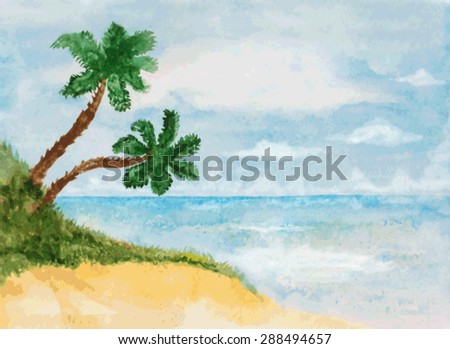 watercolor beach landscape with palms. vector