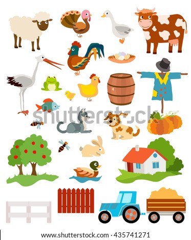 set of farming live animals, birds, objects, farmhouse, tress, scarecrow, pumpkins and tractor. vector illustration