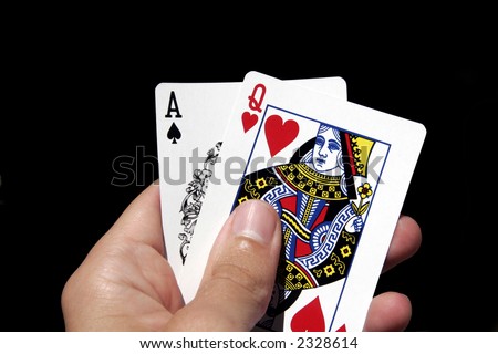 Left Hand Holding Gambling Cards - Ace Of Spades, Queen Of Hearts
