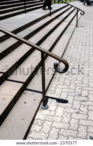 Empty Long Outdoor Stairs With Two Metal Railings On A Summer Day
