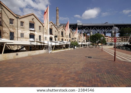 Sydney Harbour Buildings, Red Brick Footpath, Wide-Angle Perspective, Australia