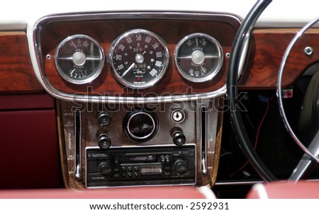 stock photo Old Vintage Wooden Car Dashboard Speed Oil Fuel Water