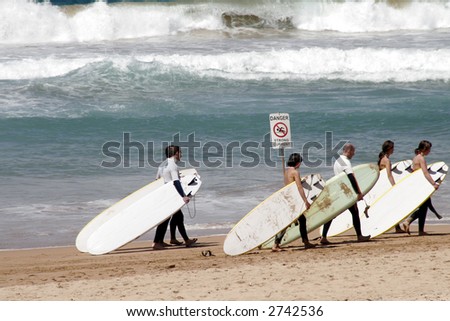 Group Of Surf School Students Walking Along The Beach, Danger Sign, Ocean Waves, Sydney, Australia