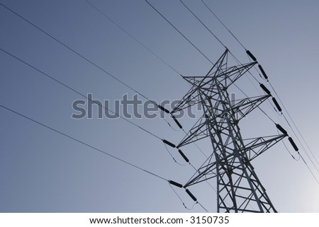 Metal Power Tower Construction, Electricity Cables, Clear Blue Sky