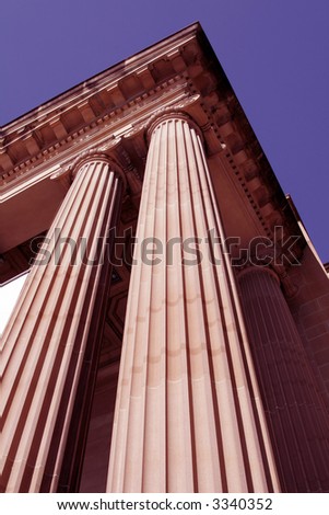 Steep View Of Classical Columns, Pillar, Architecture, Building, Roof (Magenta Tone)