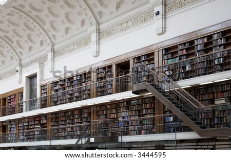 Many Books In  Large Bookcases, Public Library Interior