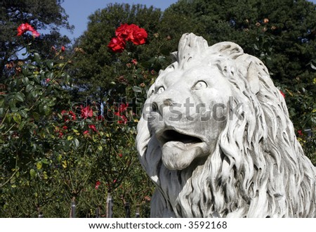 Great White Lion Statue In A Public Park, Royal Botanic Gardens, Sydney, Australia