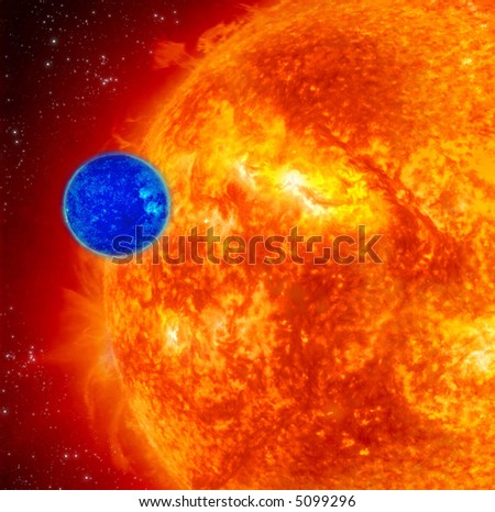 Small Blue Planet And Large Red Sun, Space Background