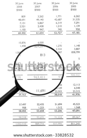 Magnifying Glass On Financial Balance Sheet, Business / Finance, Background, Black&White