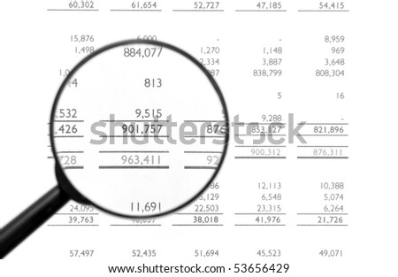 Magnifying Glass On Financial Balance Sheet, Business / Finance, Background, Black&White