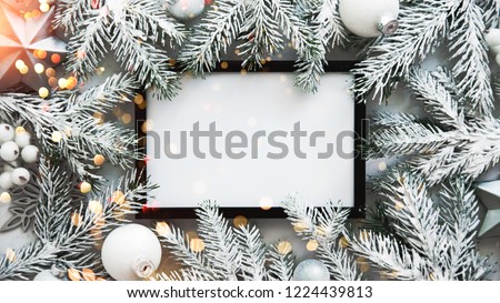 Christmas frame background with xmas tree and xmas decorations. Merry Christmas greeting card, banner. Winter holiday theme. Happy New Year. Noel. Space for text. Flat lay