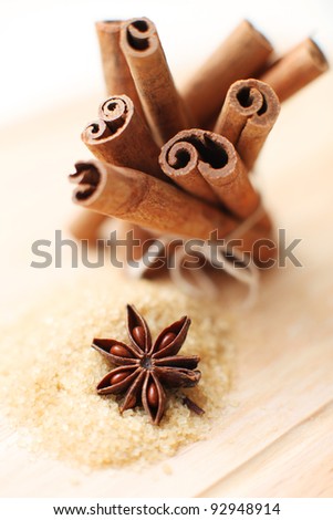 Cinnamon sticks,  brown sugar  and anise stars