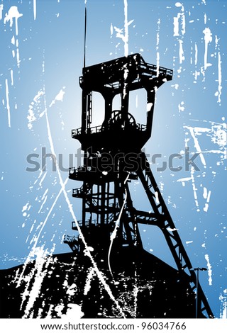 mining winding tower as old picture, mine silhouette
