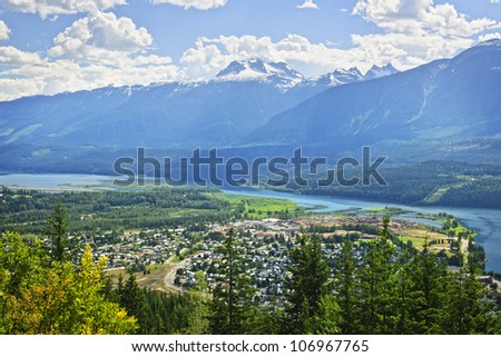 View of Revelstoke and Canadian Rockies in British Columbia, Canada