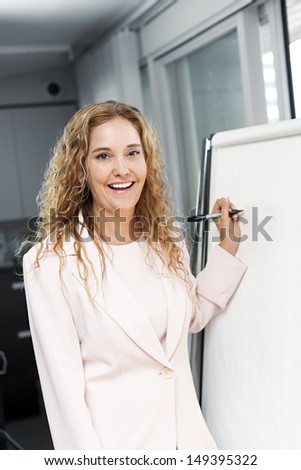 Smiling businesswoman writing on flip chart paper in office