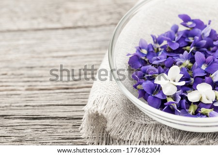 Foraged edible purple and white violet flowers in bowl on wood background with copy space