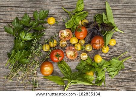 Fresh colorful tomatoes and herbs on rustic wooden background from above