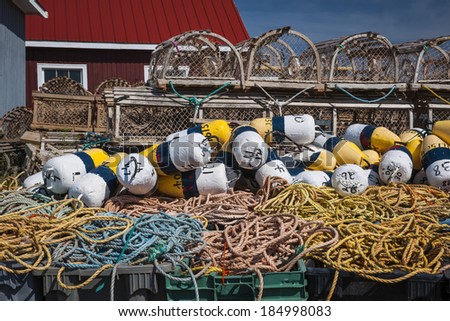 Floats, rope and lobster traps in North Rustico, Prince Edward Island, Canada.