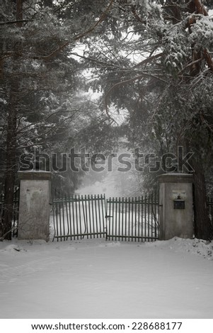Spooky old broken gate on driveway in winter