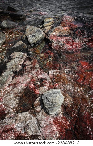 Closeup of colorful rocks at rugged Georgian Bay lake shore near Parry Sound, Ontario, Canada.