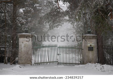 Spooky old broken gate on driveway in winter