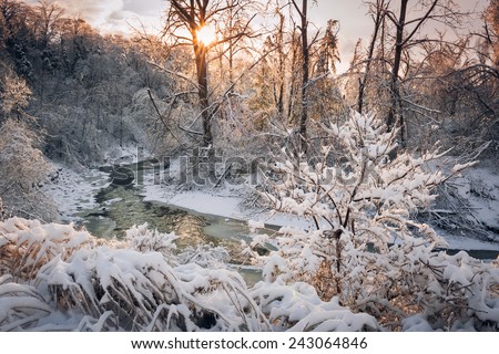 Winter landscape of snow covered forest with flowing river after winter snowstorm glowing and sparkling in warm sunshine. Ontario, Canada.