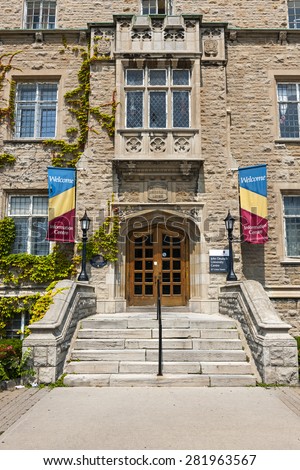 KINGSTON, CANADA - AUGUST 2, 2014: Entrance to Welcome Center in Students Memorial Union building on Queen\'s university campus in Kingston, Ontario, Canada.