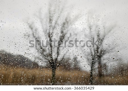 Bare trees and brown grass seen though glass with raindrops on overcast rainy day. Focus on water drops.