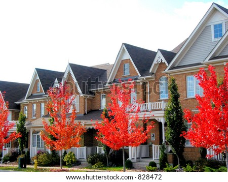 Real estate: A row of new townhomes with bright red fall trees
