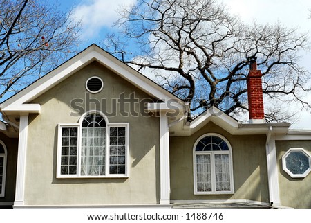 Residential house surrounded by old oak trees displaying different shapes on windows