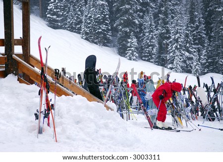 Ski rack near a chalet at downhill ski resort