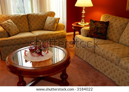 Interior of a cozy living room with sofas and coffee table