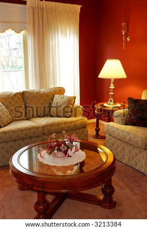 Interior of a cozy living room with sofas and coffee table