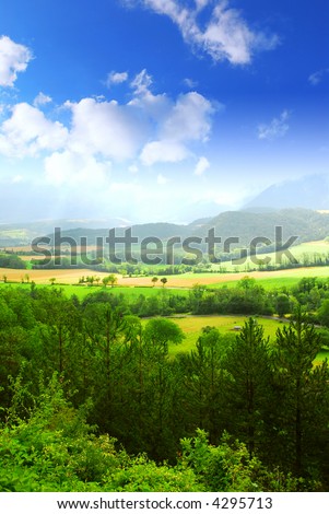 Rural landscape with hills and mountains in eastern France