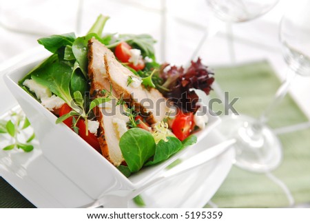 Fresh green salad with grilled chicken herbs and tomatoes