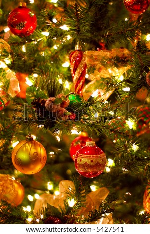 Background of decorated Christmas tree with lights