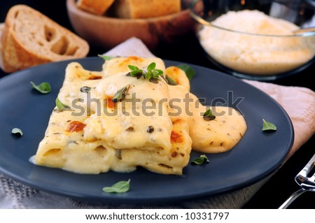Cheese cannelloni pasta served on a plate with Alfredo sauce