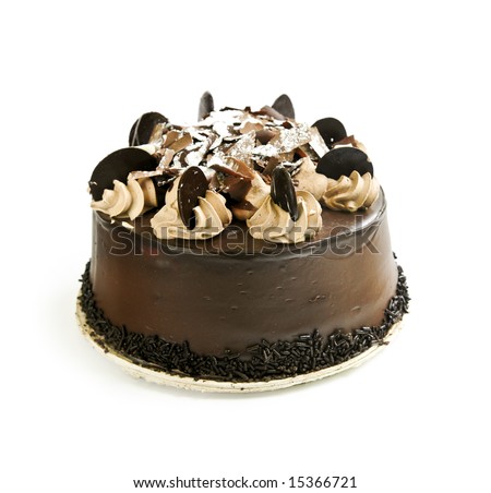 Round chocolate cake isolated on white background
