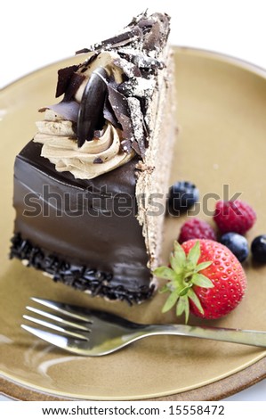 Slice of chocolate mousse cake served on a plate