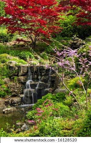 Cascading waterfall in japanese garden in springtime