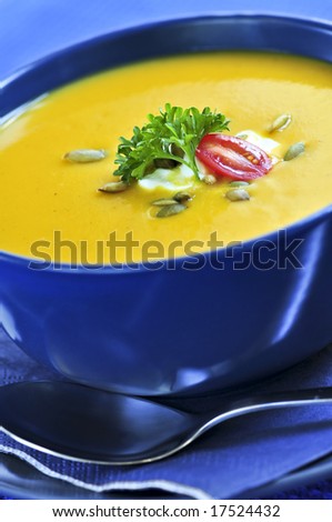 Pumpkin or squash soup in a bowl