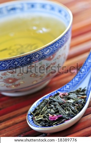 Cup of green tea with loose dry leaves in a spoon
