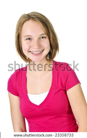 stock photo Isolated pretty teenage girl with braces smiling