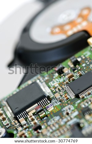 Closeup of hard disk drive internal electronics