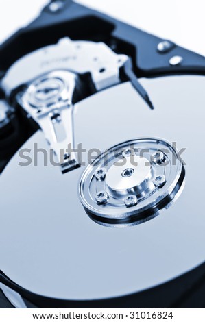 Closeup of hard disk drive internal components