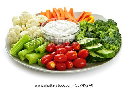 stock photo : Platter of assorted fresh vegetables with dip