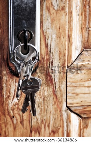 Set of keys in lock of old wooden door