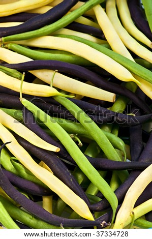 Pile of purple yellow and green string beans