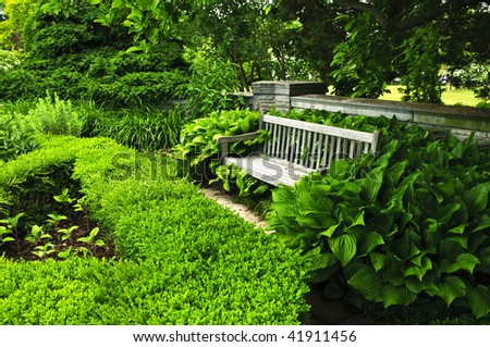Lush green garden with stone landscaping, hedge and bench